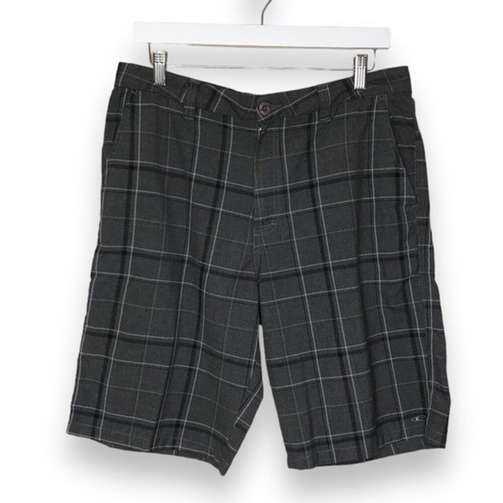 O'Neill Gray Black Plaid Shorts Mens Size 33 Flat Front Pockets Casual Walking